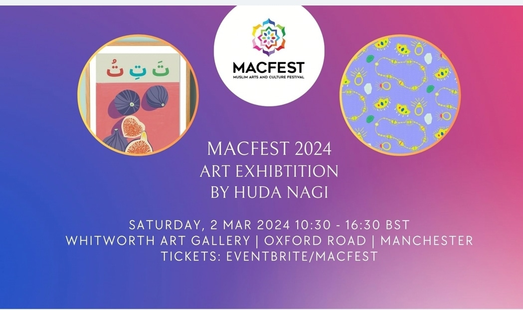 #macfest2024 🎉🎉 #SpreadHoneyNotHate Join #art #exhibition by an artist from #Liverpool Huda Nagi @funoonstudios @arabicartsfest - book here: eventbrite.co.uk/e/art-exhibiti… @QaisraShahraz @MACFESTUK #Awards @mwartfoundation @McrMuseum @WhitworthArt @ArabArtists #Manchester