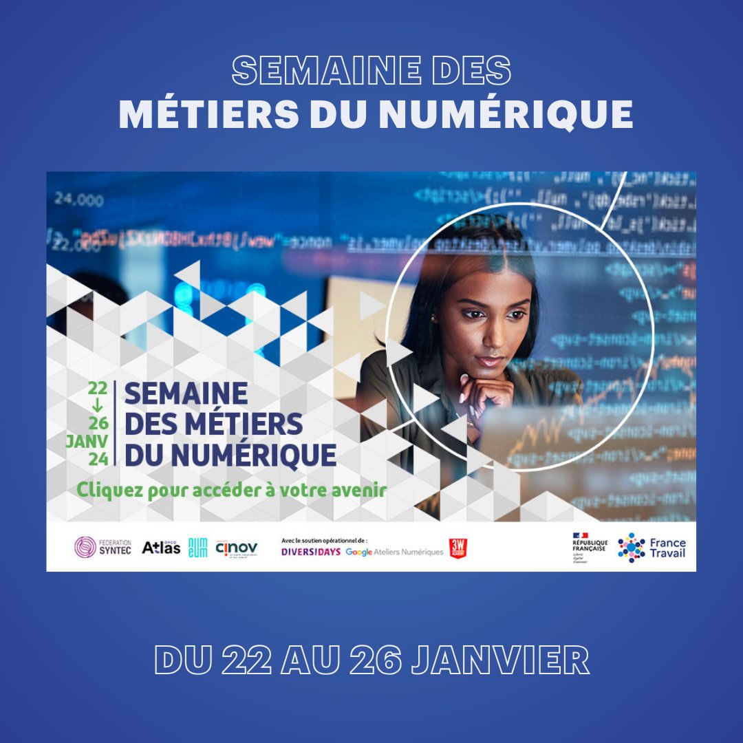 C'est parti pour la Semaine des Métiers du Numérique 22 au 26 janvier, organisée par @FranceTravail ! De nombreux événements sont proposés pour l'occasion comme des conférences ou des webinaires ! 👉 Plus d'infos : campusnumerique.auvergnerhonealpes.fr/la-semaine-des…