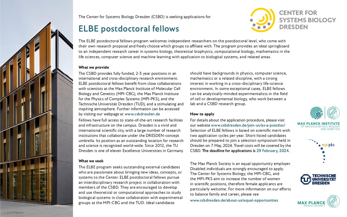 MPI-PKS Dresden (@mpi_pks) on Twitter photo New call for ELBE postdoc fellowships open! <a href="/csbdresden/">Center for Systems Biology Dresden</a> <a href="/mpicbg/">MPI-CBG Dresden</a> <a href="/tudresden_de/">TU Dresden</a> @mpipks
Interdisciplinary postdoc program at the interface of biology, mathematics, physics, and computer science
csbdresden.de/join-us/as-a-p…
apply by 29 February! New call for ELBE postdoc fellowships open! <a href="/csbdresden/">Center for Systems Biology Dresden</a> <a href="/mpicbg/">MPI-CBG Dresden</a> <a href="/tudresden_de/">TU Dresden</a> @mpipks
Interdisciplinary postdoc program at the interface of biology, mathematics, physics, and computer science
csbdresden.de/join-us/as-a-p…
apply by 29 February!