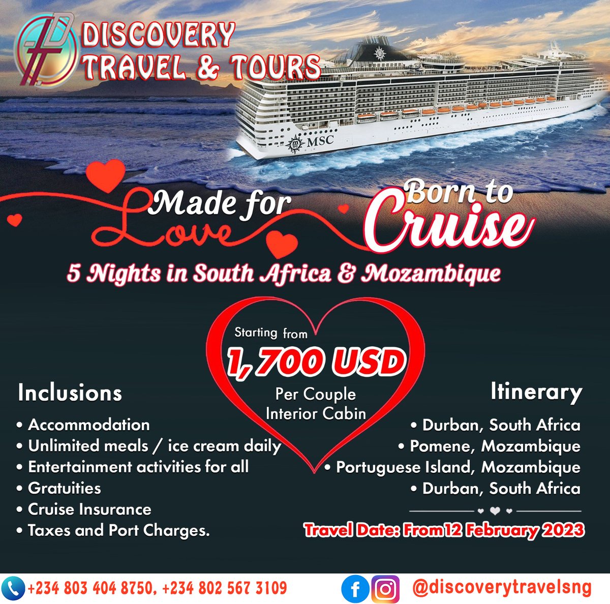 Celebrate Love on the Waters!

Join us for an unforgettable Valentine's Day cruise as we set sail through the stunning waters of South Africa and Mozambique. 🚢💕 Indulge in romantic sunsets, exquisite dining, and exciting shore excursions. Make it a Valentine's day to remember