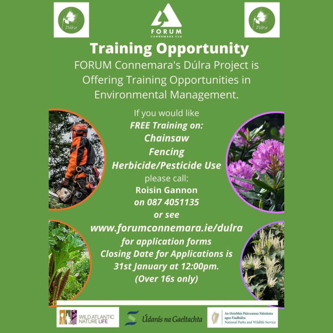 The Dúlra Project, a #NaturaCommunities team run by @forumconnemara are offering free training in various environmental management skills, including fencing, chainsaw use & pesticide/herbicide use, key skills for use in the control of invasive species & nature restoration. 1/2