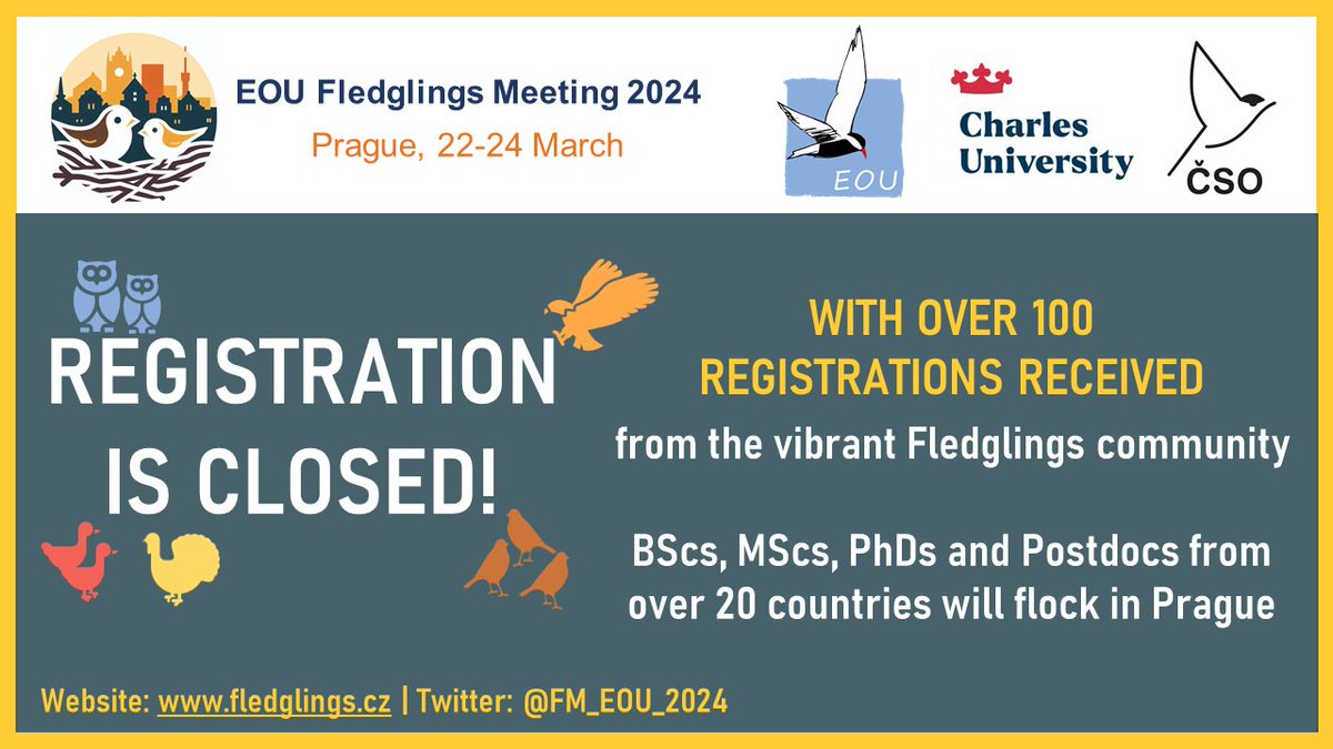 🚨 REGISTRATION CLOSED! 🚨Great news – 100+ registrations received! Thanks to you we are looking forward to an exciting abstract selection challenge that will result in a high-quality program✨ Can't wait to flock all together in Prague🐦🪶 #EOUFledglings2024 #ornithology #birds