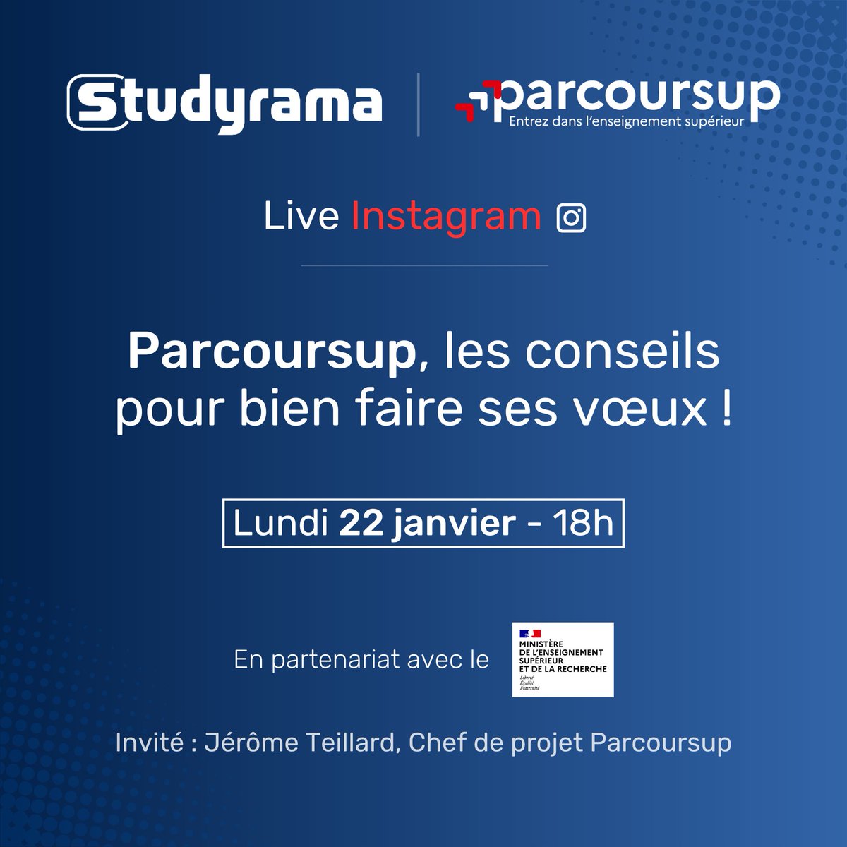 🔵 Rendez-vous ce soir, à partir de 18h, sur Instagram pour un live avec <a href="/Studyrama/">Studyrama</a> !

Au programme : des conseils pour vous aider à  formuler vos vœux sur #Parcoursup !

🎙️ Jérôme Teillard, chef de projet #Parcoursup, répondra à toutes vos questions en direct !