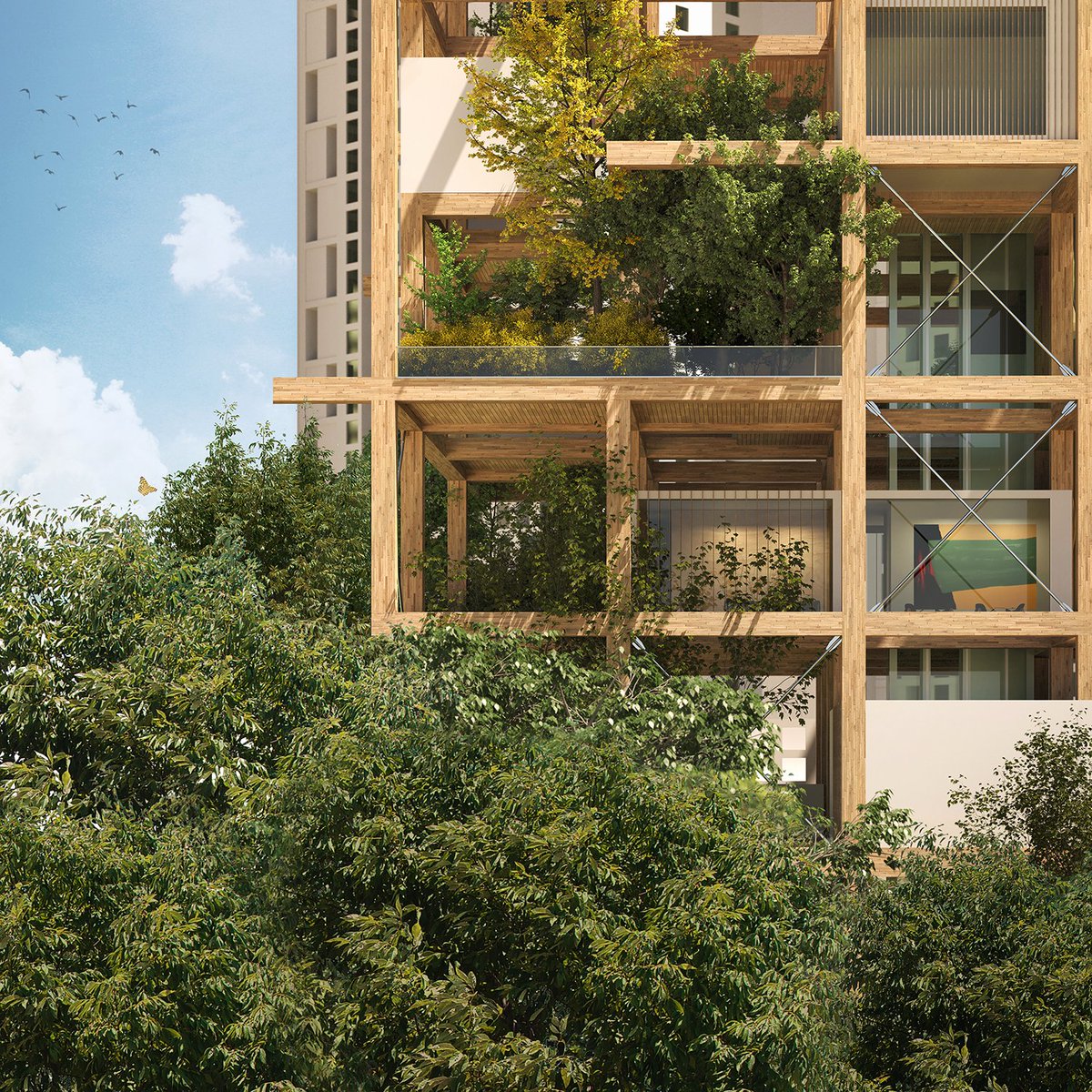 #Rendering of the #timberconstruction of #MCA_Neutinamu #neutinamuyouthcenter in #Yeonsu #SouthKorea. Opened towards the city, the project produces spaces that exude the warmth and gentleness of wood,  attracting spontaneous flora &amp; fauna #archdaily #floatinggarden #biodiversity
