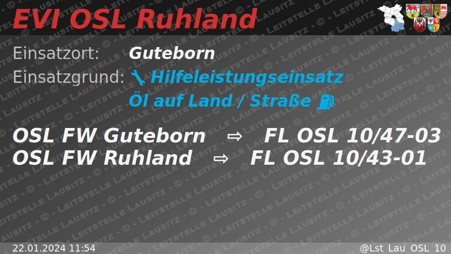 🚨 22.01.2024 11:54 ⛽ 🌍 H:Öl-Land 🌐 Guteborn 🚒 ⇨ FW Guteborn, FW Ruhland wachalarm.leitstelle-lausitz.de/dbrd/17c27361-…
