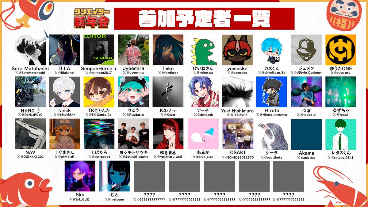 eDesigners_esp's tweet photo. ╭━━━━━━━━━━━━╮ 

クリエイター新年会 2024
現在の参加予定者公開🎍🧧

╰━━━ｖ━━━━━━━━╯
既に3７名のクリエイターの方にお集まりいただいてます！！

⭐️まだまだ参加者は受け付けておりますので、
ご興味のある方は下記URLから参加申請お願いいたします
https://t.co/2kfWVJpotD
--------------
日時:2024年1月24日19:00~
会場:秋葉原
費用:3000円