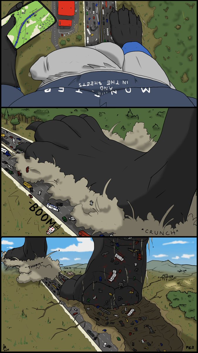 Actually managed to get work done on Part 2 of the giant comic, a little more bloody this time. Towering just shy of 2000 ft tall, the large drasune continues his walk along the Interstate. Paying attention to a map app and the distant scenery, not the devastation beneath him.