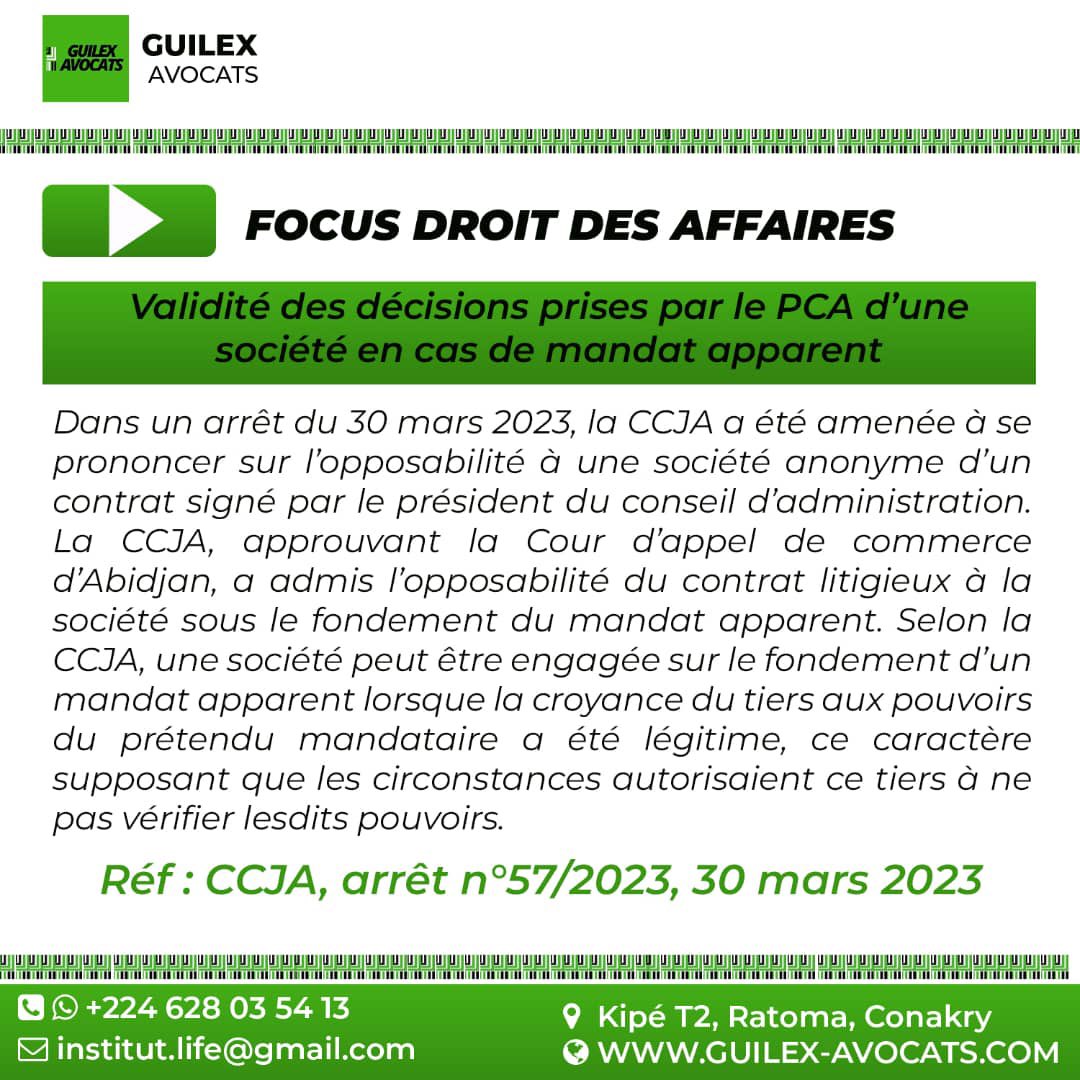 [FOCUS DROIT DES AFFAIRES]:Validité des décisions prises par le PCA d'une société en cas de mandat apparent.

Les détails ⬇️⬇️