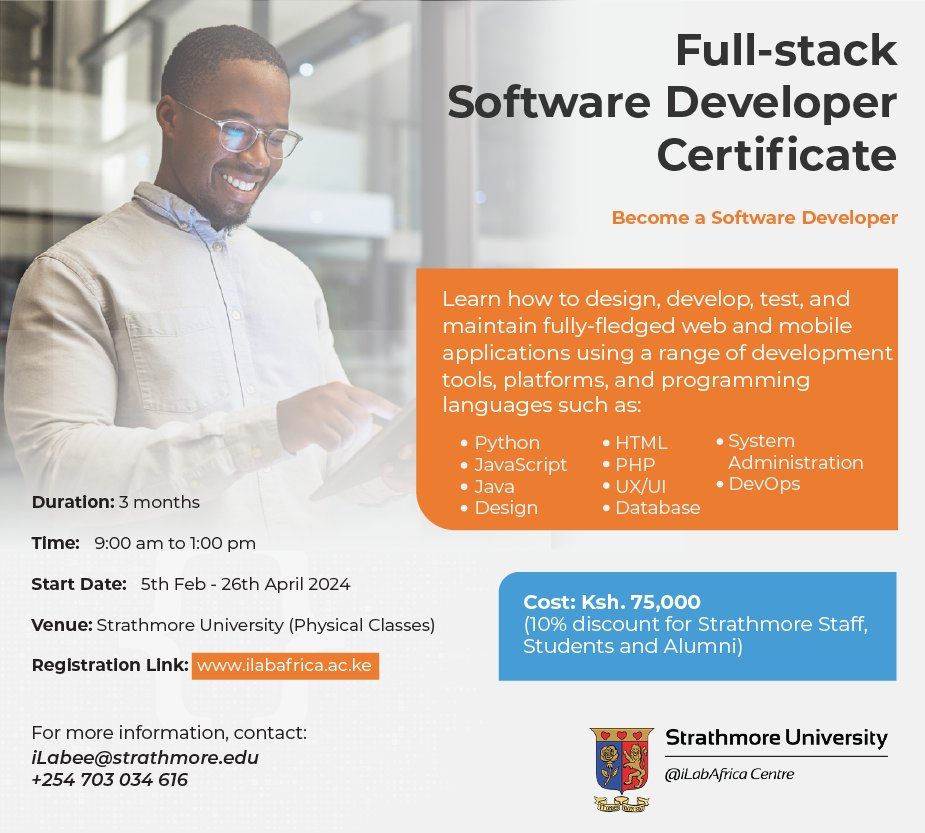 iLabAfrica's tweet image. 2 WEEKS TO GO!

Enroll in our Full-stack software development certificate starting this February.

Register Here: ilabafrica.strathmore.edu/?page_id=2229

#coding #programming #softwaredevelopement