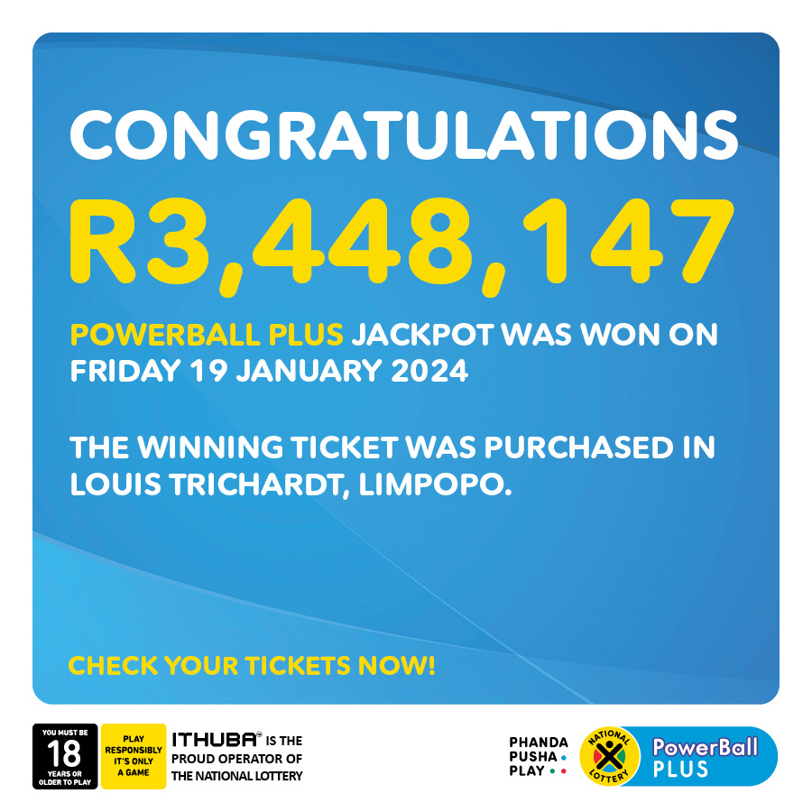 CONGRATULATIONS to the lucky #PowerBallPLUS jackpot winner who WON over R3 MILLION from the 19/01/24 draw. You could also become a WINNER when you play #PowerBall for the huge R110 MILLION GUARANTEED jackpot this Tuesday!!!