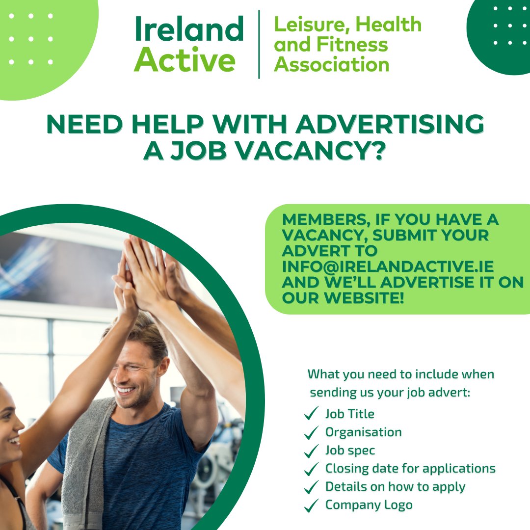 💼 We can advertise members' job vacancies on the Ireland Active website to help them reach a wider audience! 💻 To advertise a job, simply submit your advert to info@irelandactive.ie