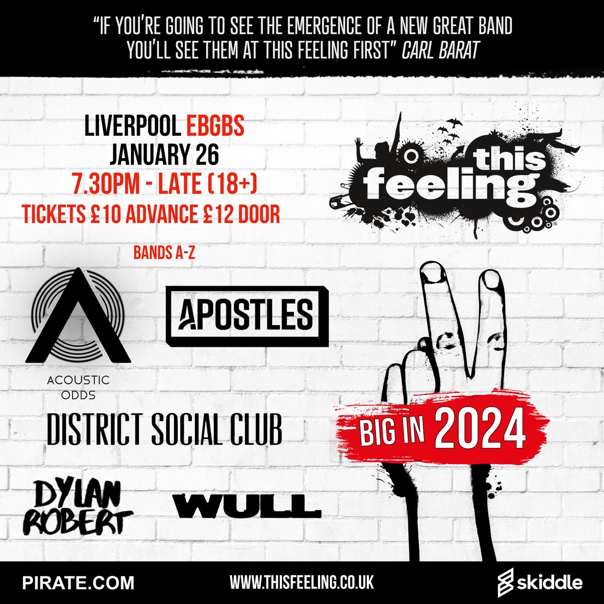 Coming up this week : Friday 🎸 Liverpool <a href="/ebgbsliverpool/">E.B.G.B.S</a> ‘Big in 2024’ ft <a href="/acoustic_odds/">Acoustic Odds</a> <a href="/apostlesbanduk/">Apostles</a> <a href="/DSCbandd/">District Social Club</a> #DylanRobert &amp; <a href="/wullband/">Wull</a> 

🎟 thisfeeling.co.uk/bigin2024

🔉 spotify.link/FRouYNfqvyb