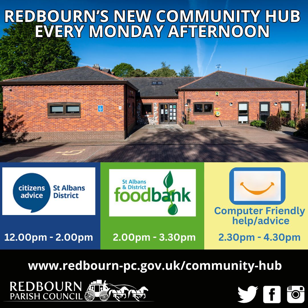 Don't forget about the all new Community Hub at Redbourn Parish Centre this afternoon. 

More info and links on our website buff.ly/47zmFJa

#communityhub #foodbank #costofliving #computerhelp #citizensadvice