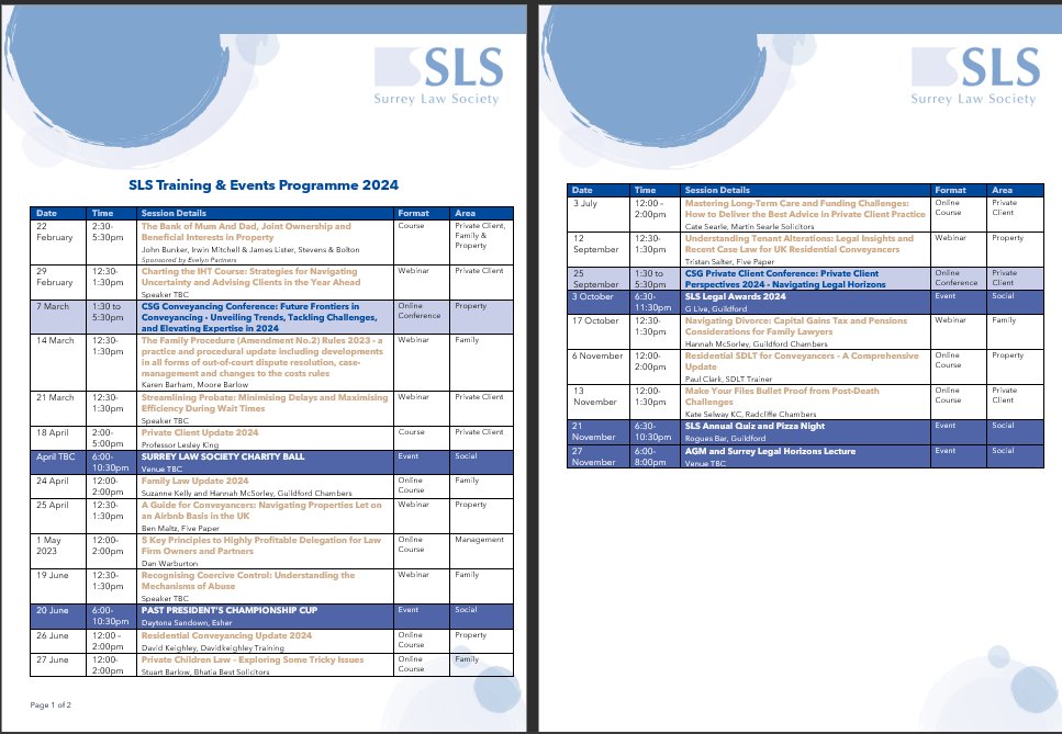 We are thrilled to unveil our 2024 Training &amp; Events Programme! Elevate your professional expertise with a blend of #webinars, #onlinecourses and #inperson sessions, and network with Surrey’s vibrant #legalcommunity at SLS #socialevents.

surreylawsociety.org.uk/training-event…