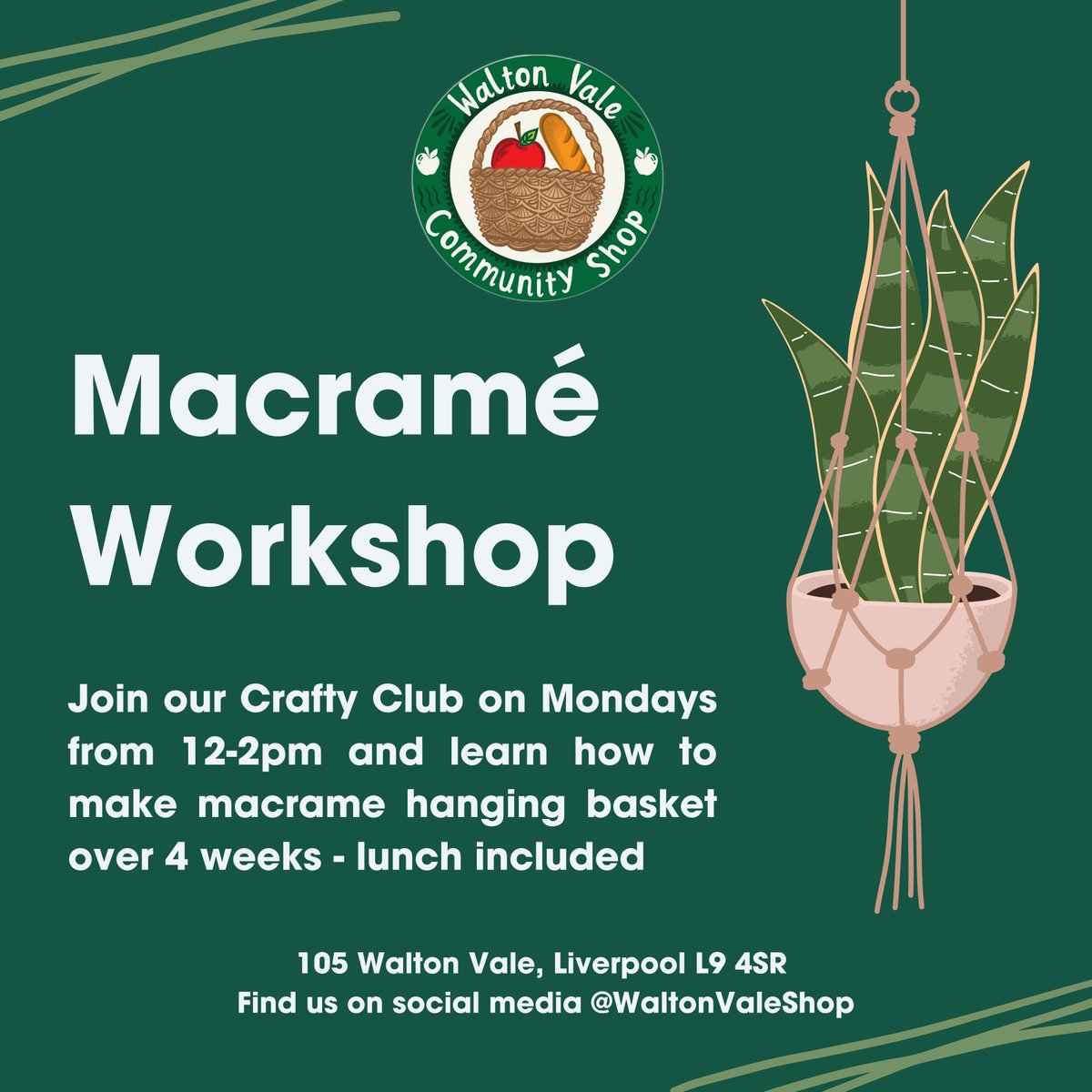 Join us today for our brand new Crafty Club from 12-2pm Over the next 4 weeks, we'll be learning how to make a macramé hanging basket with our Helen. Our workshop is free, open to all members and includes a tasty lunch 💚