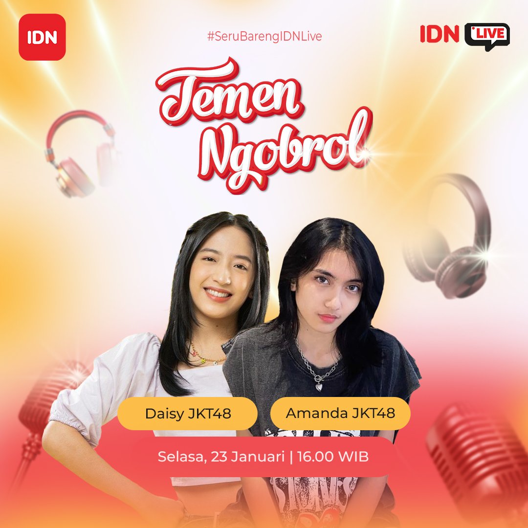 Suka yang horor-horor? Yakin berani? Kalo gitu, jangan mau kalah sama @Daisy_JKT48 dan @PS_AmandaJKT48! 👻 Tonton keseruannya di program Temen Ngobrol, Selasa, 23 Januari 2024 pukul 17.00 WIB hanya di IDN Live! #SeruBarengIDNLive