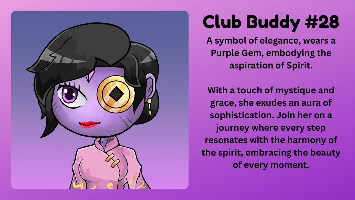 Meet Club Buddy #28 from @TooMuchClub

Radiating elegance with a Purple Gem, her presence embodies grace and spirit.

Ready to join your collection and bring a touch of class.

📄ERC721
🧧0.01 WETH

opensea.io/assets/matic/0…

#NFTCommunity #NFTartists #SupportEachOther