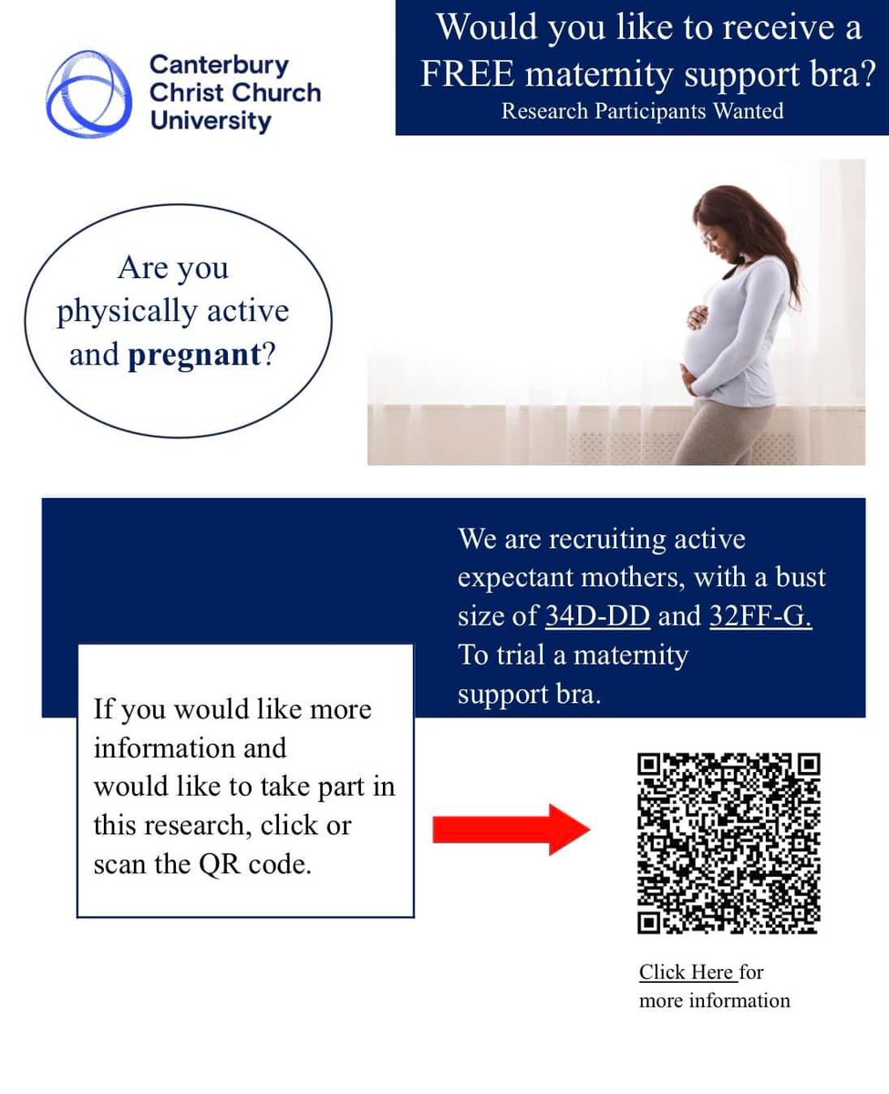 📢 Are you physically active and pregnant? 

🤰We are looking for - physically active pregnant expectant mothers, to trial a maternity support bra during their habitual physical activity. Full details can be found by the QR code or via the link below. 

docs.google.com/forms/d/e/1FAI…