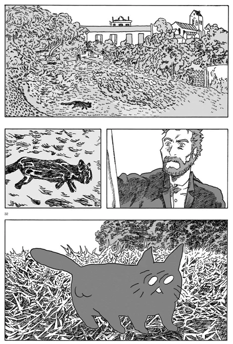 『ジラソウル』第一話でゴッホが黒猫を描いているシーンがあります

ひろしま美術館蔵の『ドービニーの庭』の左下の方には茶色く塗りつぶしたような跡があり、
そこに黒猫が描かれていた事と、
その部分だけ絵具の材質がゴッホの使っていた物と異なっている事などが分かっています 