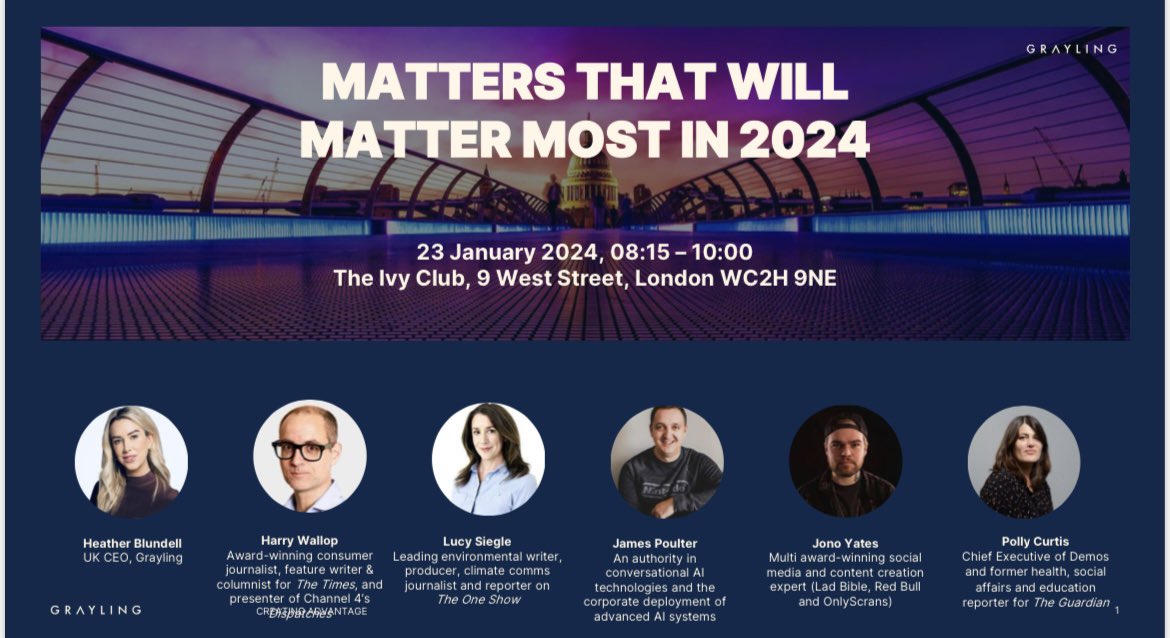Heather Blundell (@hsblundell) on Twitter photo Want to know which matters will matter most in 2024? 💥
Register now for our event tomorrow - to hear about the trends impacting the year ahead from our panel of subject matter experts <a href="/lucysiegle/">lucy siegle</a> <a href="/hwallop/">Harry Wallop</a> <a href="/pollycurtis/">Polly Curtis</a> <a href="/jamespoulter/">James “JP” Poulter</a>
Register now 👉linkedin.com/events/matters… Want to know which matters will matter most in 2024? 💥
Register now for our event tomorrow - to hear about the trends impacting the year ahead from our panel of subject matter experts <a href="/lucysiegle/">lucy siegle</a> <a href="/hwallop/">Harry Wallop</a> <a href="/pollycurtis/">Polly Curtis</a> <a href="/jamespoulter/">James “JP” Poulter</a>
Register now 👉linkedin.com/events/matters…