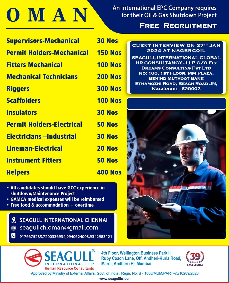 hrd1_seagull's tweet photo. 🇴🇲Oman Jobs 
‼️Free Recruitment 
🗓️Client Interview On 27th Jan 2024 At Nagercoil
📍Location- Chennai
.

.

.
#omanjobs #seagull #supervisormechanical #permitholdermechanical #fittersmechanical #mechanicaltechnicians #riggers #insulators https://t.co/jIh3qZ5Aoo