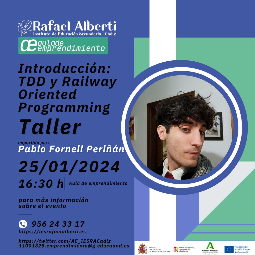 🚂💻¡Sube al tren del código de calidad con el Taller de TDD y Railway Oriented Programming!🛤️👨‍💻 
¿Eres capaz de mantener tu código en el buen camino? 🛤️💡Descúbrelo con Pablo Fornell Periñán @F_de_Fornell  el 25/01 a las 16:30. ¡No pierdas tu parada en el APE! 🎟️<a href="/IESAlbertiCadiz/">IES Rafael Alberti Cádiz</a>