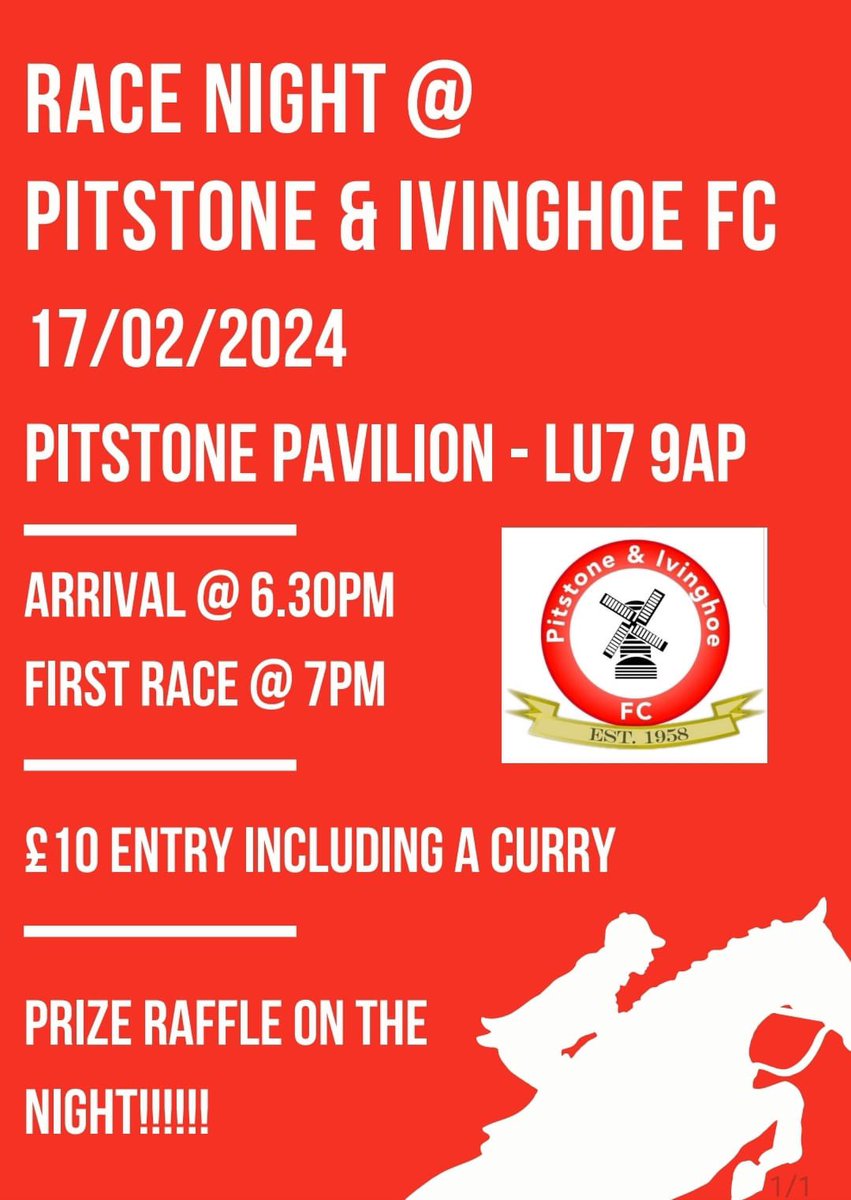 Pitstone &amp; Ivinghoe are holding a charity race night/social event 
Everyone is welcome.
details below 👇👇
Entry fee is required prior to the evening , please private message us for payment details .