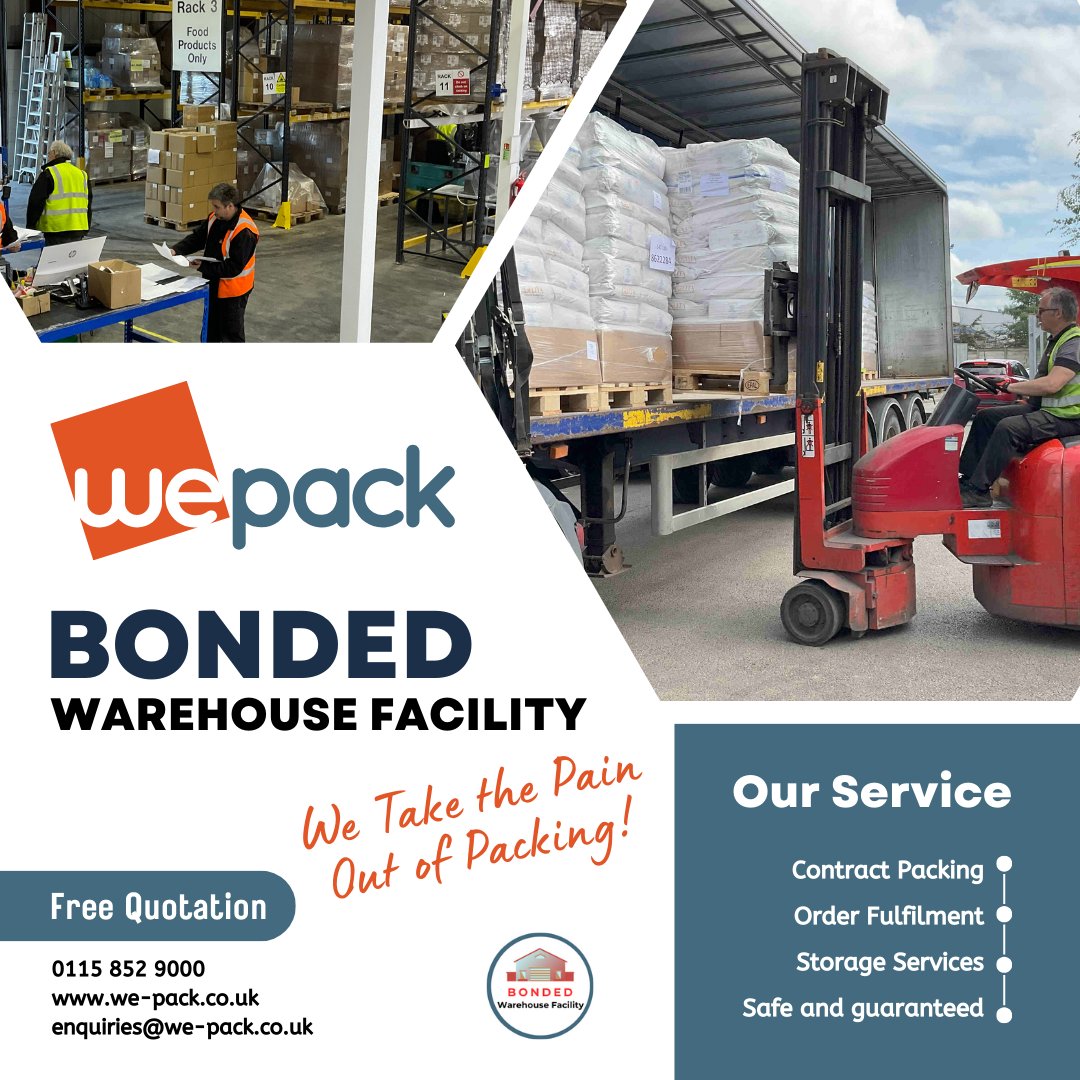 WePack Ltd has received official approval as a bonded warehouse in the UK! This allows us to store goods securely under customs control, offering our clients an added layer of flexibility and compliance. 
Please Click we-pack.co.uk/contact-us