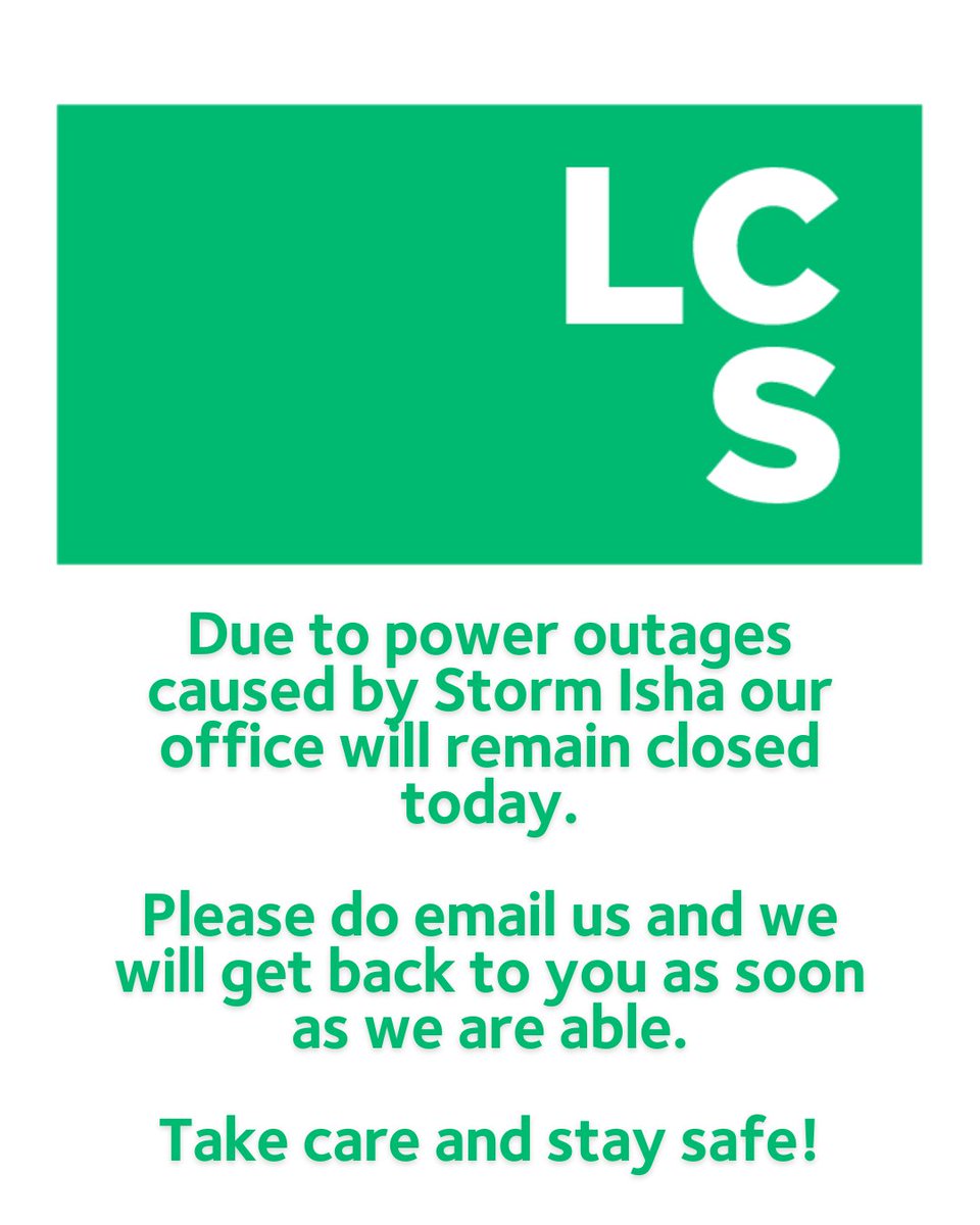 Due to power outages caused by Storm Isha our office will remain closed today.

Please do email us and we will get back to you as soon as we are able.

Take care and stay safe!