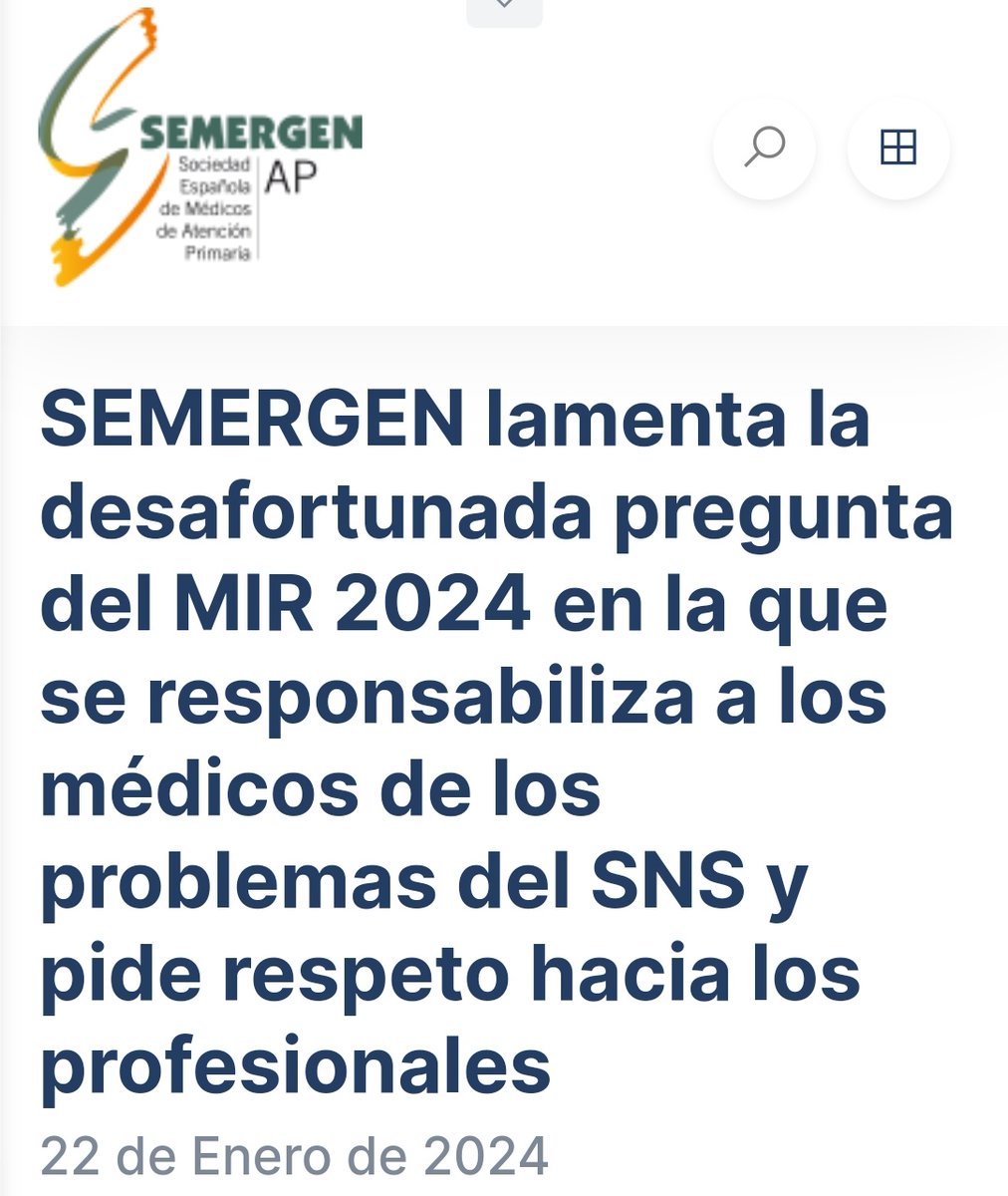 📣Comunicado oficial:
<a href="/SEMERGENap/">SEMERGEN | Médicos de AP #SEMERGEN25</a> lamenta la desafortunada pregunta del MIR 2024 en la que se responsabiliza a los médicos de los problemas del SNS y pide respeto hacia los profesionales.
semergen.es/index.php?secc…

#MIR24 #MIR2024 #MFyC #AtenciónPrimaria