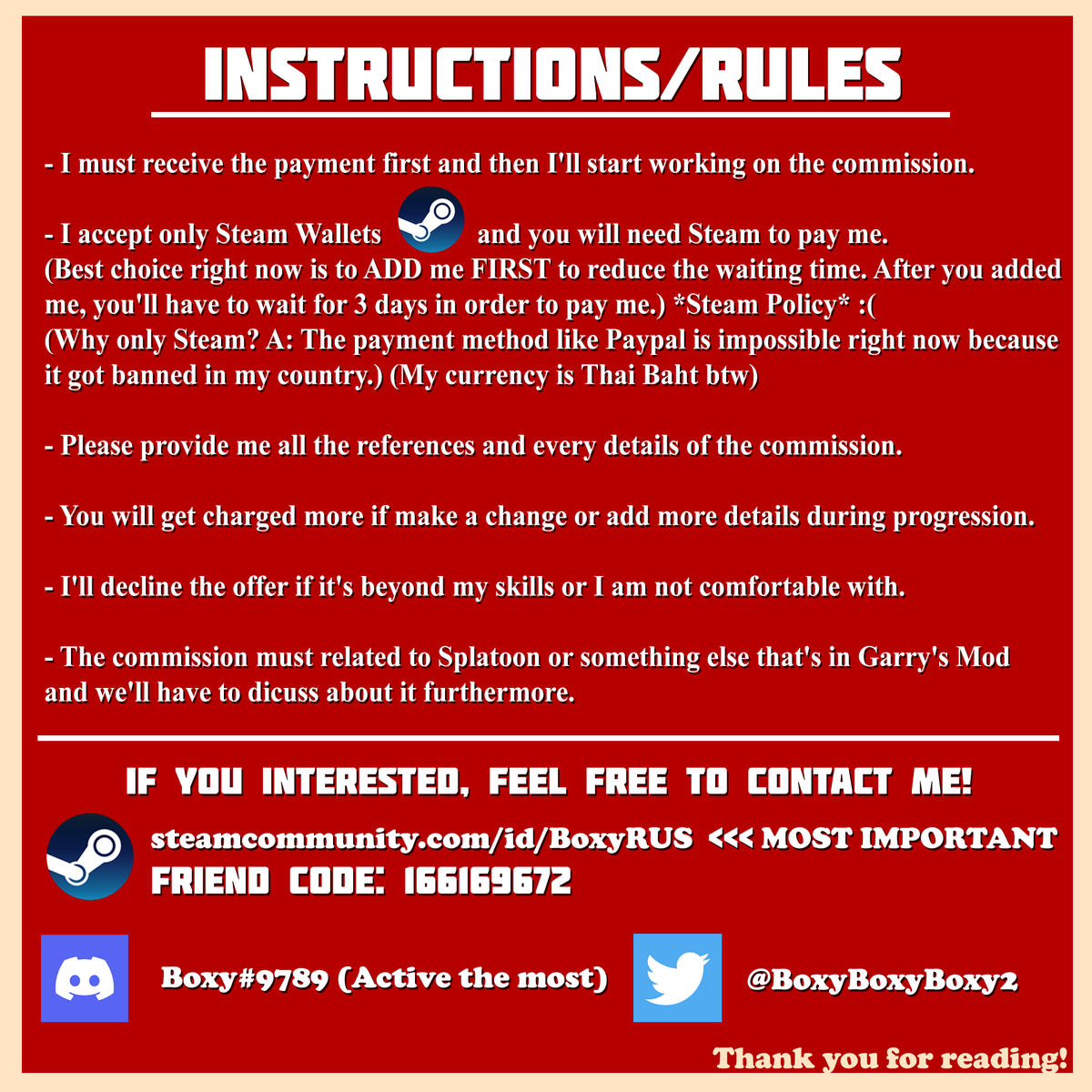 Today I present to you, The Commission Sheet ✨🔥

Steam: BoxyRUS 
Discord: Boxy#9759  

It would be great if you retweet or share it with your friends. Thank you kindly❤️

#Splatoon #Splatoon2 #Splatoon3 #gmod #ComradeBoxy #comissionsopen #render #Commission #Garrysmod