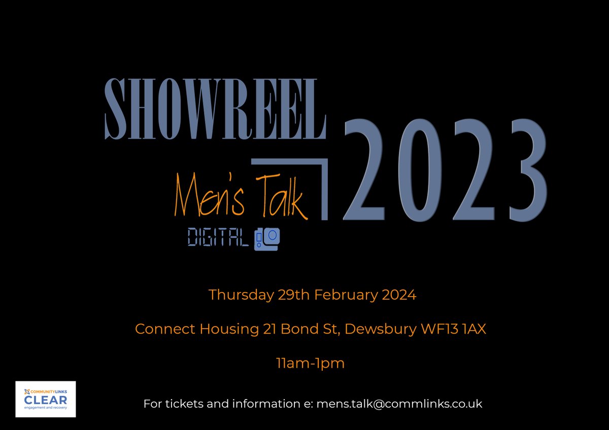Men’s Talk Digital would like to invite you to join us at Connect Housing in Dewsbury on Thursday 29th February 2024, for our Annual Showreel event. To book, please email mens.talk@commlinks.co.uk #suicideprevention #menstalk