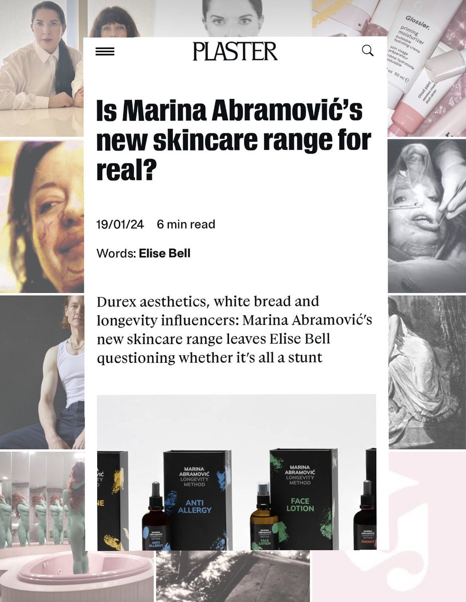 I finally wrote about the bizarre Marina Abramović skincare line and had a spiral about my own mortality, how artistic heroes always fail you, and teens on alpha-hydroxy acids. My latest column for @plastermagazine plastermagazine.com/articles/is-ma…