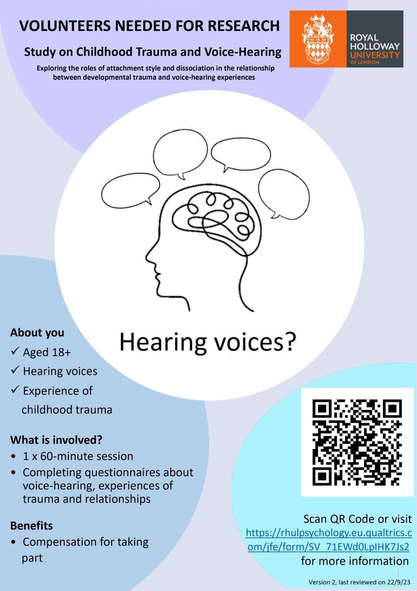 Researchers are inviting you to take part in a study exploring relationships between childhood trauma and voice-hearing. Adults with a history of childhood trauma who are currently hearing voices are eligible to take part. Find out more here: buff.ly/3O92L0Q