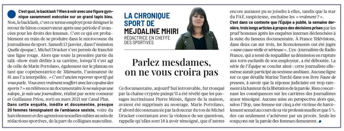 “Parlez mesdames, on ne vous croira pas”. La chronique sport de <a href="/mejdaline/">Mejdaline Mhiri</a>, coprésidente de FJS dans le journal du jour l’<a href="/humanite_fr/">L'Humanité</a>. À l’heure où les soupçons sur la parole des femmes demeurent.