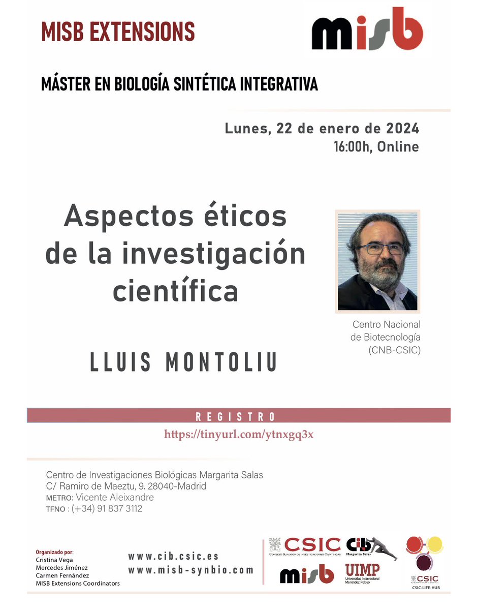 Esta tarde impartiré una clase online de #bioética (Aspectos éticos de la investigación científica) en el <a href="/CIB_CSIC/">CIB Margarita Salas (CSIC)</a> dentro del Máster de Biología Sintética Integrativa.