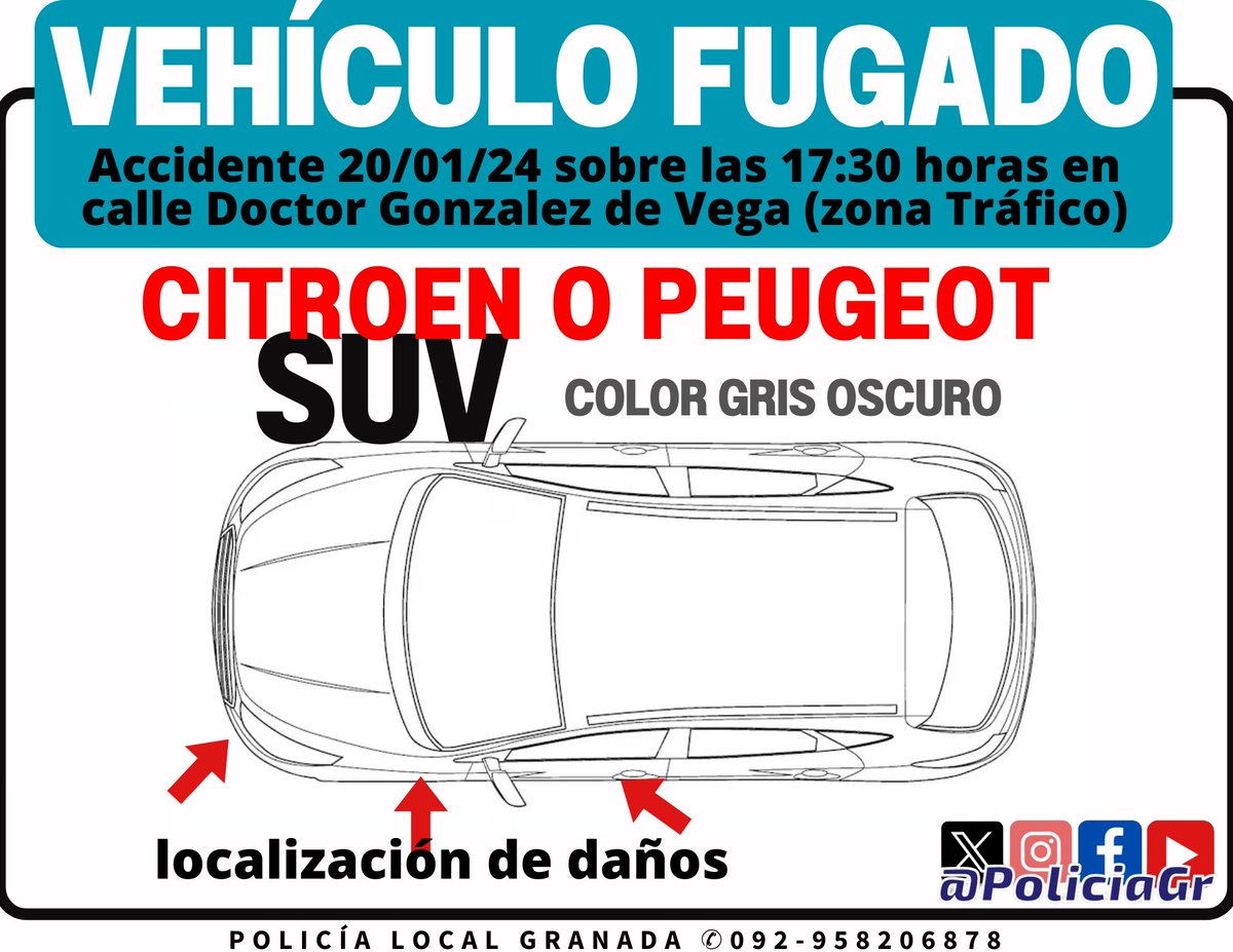 El vehículo fugado conducido por una mujer, es un turismo tipo SUV, posiblemente Peugeot o Citroen, de color gris oscuro con daños en el vértice delantero y lateral izquierdo.
Si tienes información contacta con nosotros, sino colabora difundiendo.