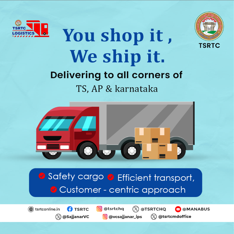 TSRTC Logistics: 24hr to Telangana, Andhra; 48hr to Karnataka delivery.

#logistics #tsrtc #tsrtcbuses #customersatisfaction #cargo #safety #Telangana #AndhraPradesh #karnataka #deliveryservice #transportation #transport #Tuesday