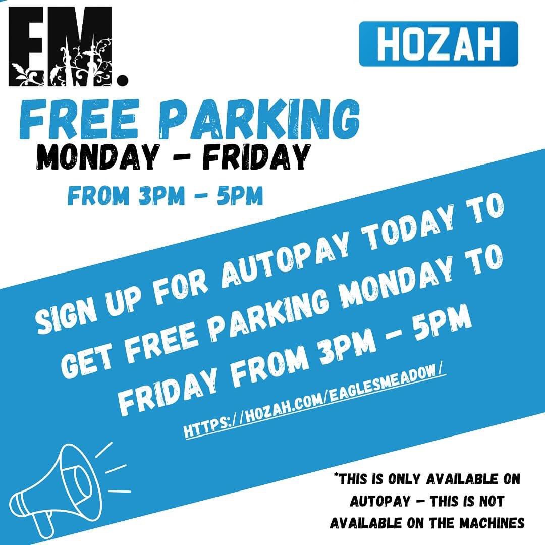 Rev up your shopping experience at Eagles Meadow Shopping Centre! 🚗 

Starting now, enjoy Free Parking Monday to Friday, 3:00 PM - 5:00 PM only with Auto Pay. Sign up today at hozah.com/eaglesmeadow/ and embrace seamless parking perks! 🛍️✨

 #FreeParking #AutoPayPerks