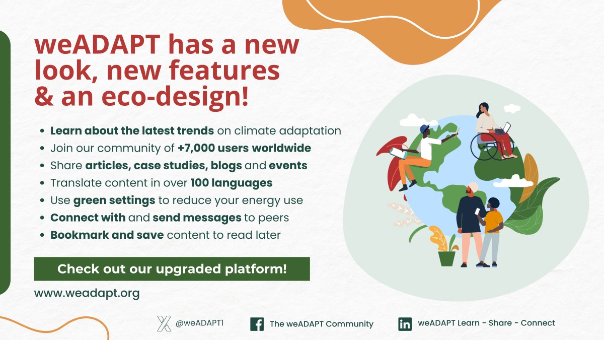 🎉We’ve got some news! 🌱We’re excited to launch an upgraded version of weADAPT, with a new look, innovative tech features & an eco-conscious design. 🌏You can now use weADAPT in BIGGER, BETTER & GREENER ways to support your #climateadaptation work. 👉weadapt.org