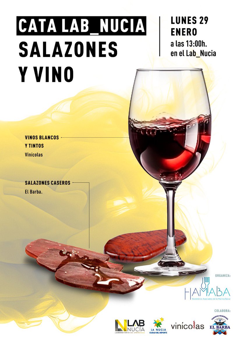 🍷🍣Estáis tod@s invitad@s a la #cata de #salazones y #vino que han organizado nuestros compañeros de Hamaba - Hosteleros Asociados de la #MarinaBaixa!

📆 Lunes 29 de enero
⏰ A las 13:00h.
📍 Lab_Nucia
⚠️Plazas limitadas

✍🏻Inscripciones: lab.lanucia.es/Cata-Hamaba-Sa…

#MadeByLaNucia