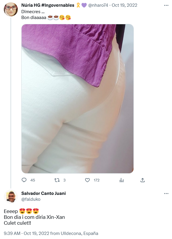 Buen dia cariñetas!! Ahora salgo de la cama por fin quiero desearon buen dia ya sabeis lo que mas me gusta de una mujer no es su culo pero nunca digo que no a un culet culet si puedo incomodar a alguien y hacer un poco de baboso!! Se me van los ojos y las manos!! Ñ!! 🤣🤣❤️❤️🐷
