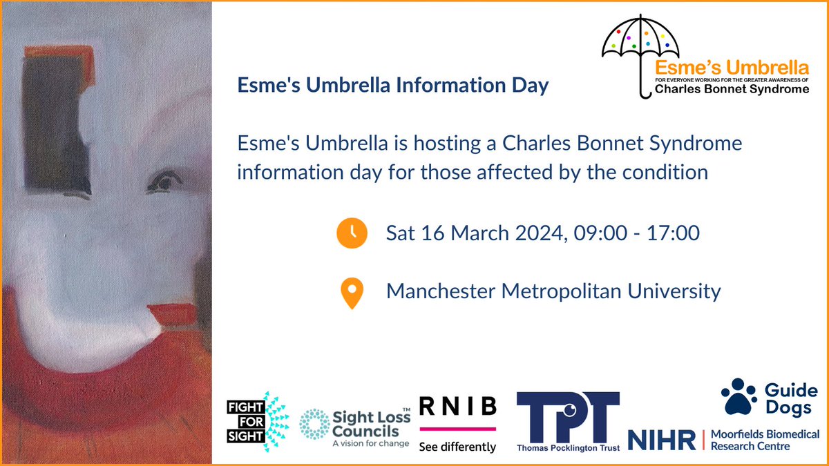 ☂ Join us for Esme's Umbrella Information Day 📍 Manchester 🗓️ Saturday, 16 March⌚ 9:00 – 17:00 🎫 Register for FREE here 🔗tinyurl.com/4s5f57s9 ℹ️ A day dedicated to #CharlesBonnetSyndrome patients, caregivers, and families.