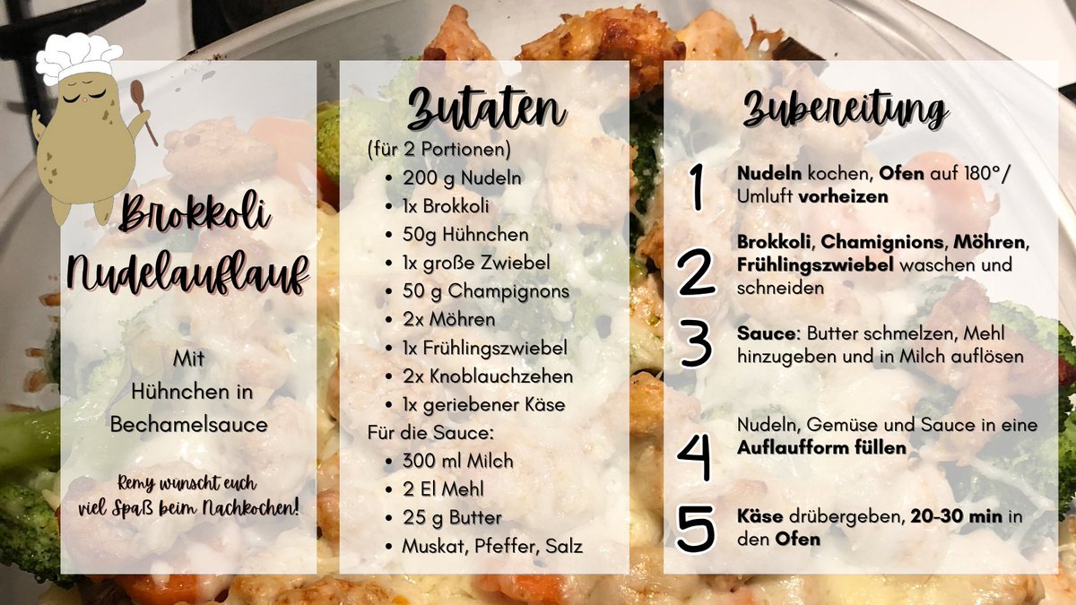 cozy_potatoes's tweet image. Nudeln gehen immer? Das denken wir auch. Rezepte-Potato Remy hat ein neues Rezept für euch: #BrokkoliNudelauflauf! 🥦🍜

Ein ausführlicheres Rezept findet ihr auf #IG
instagram.com/cozy.potatoes/ 

Viel Spaß beim Nachkochen!
#cozy #cozypotatoes #food #diy #broccoli #noodle #chicken