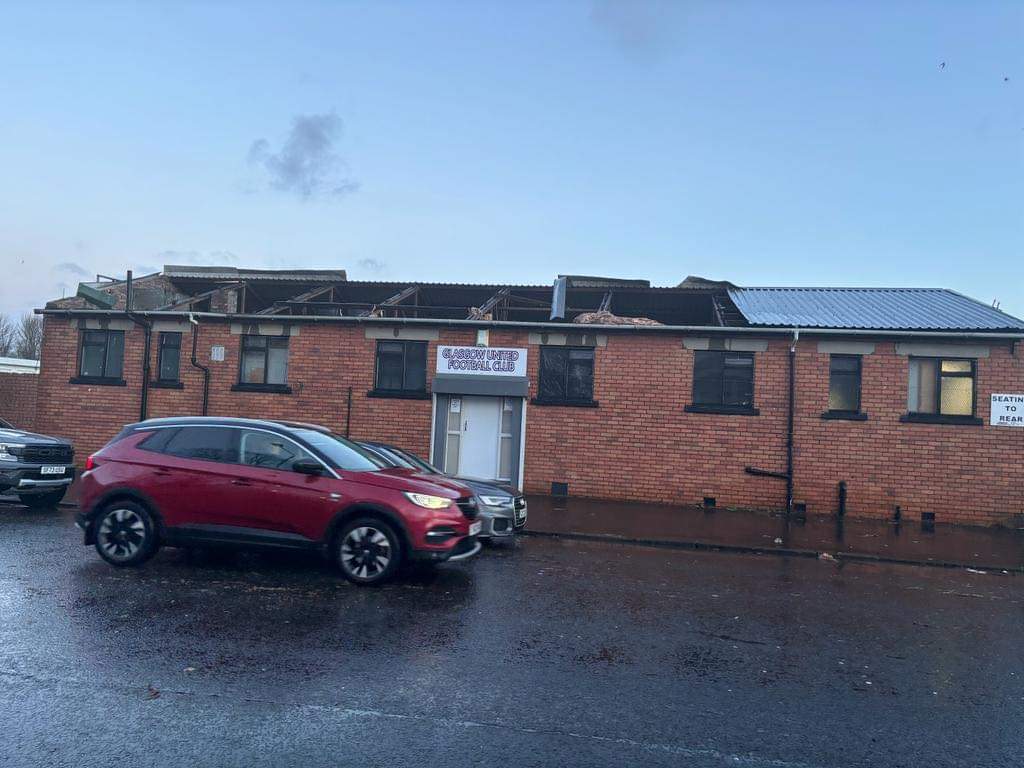 glasgowutdfc's tweet photo. The club today devastated to destruction caused by last nights storm that caused a sizeable amount of damage taking the roof off our changing room building and causing parts of the pitch to be ripped up by fly metal roof parts.  This will have substantial impact on the club. https://t.co/XkkNzDZIJc