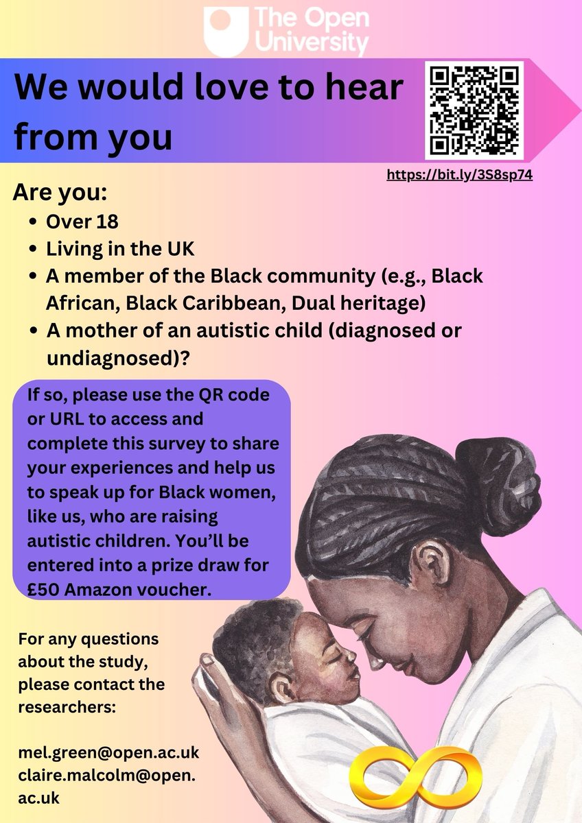 Please share this survey with your networks! Myself and, my friend and colleague, Dr Claire Malcolm are conducting a nation-wide survey into the experiences of Black mothers of autistic children. Get in touch via mel.green@open.ac.uk with any qs. #autism #Blackmothers #research