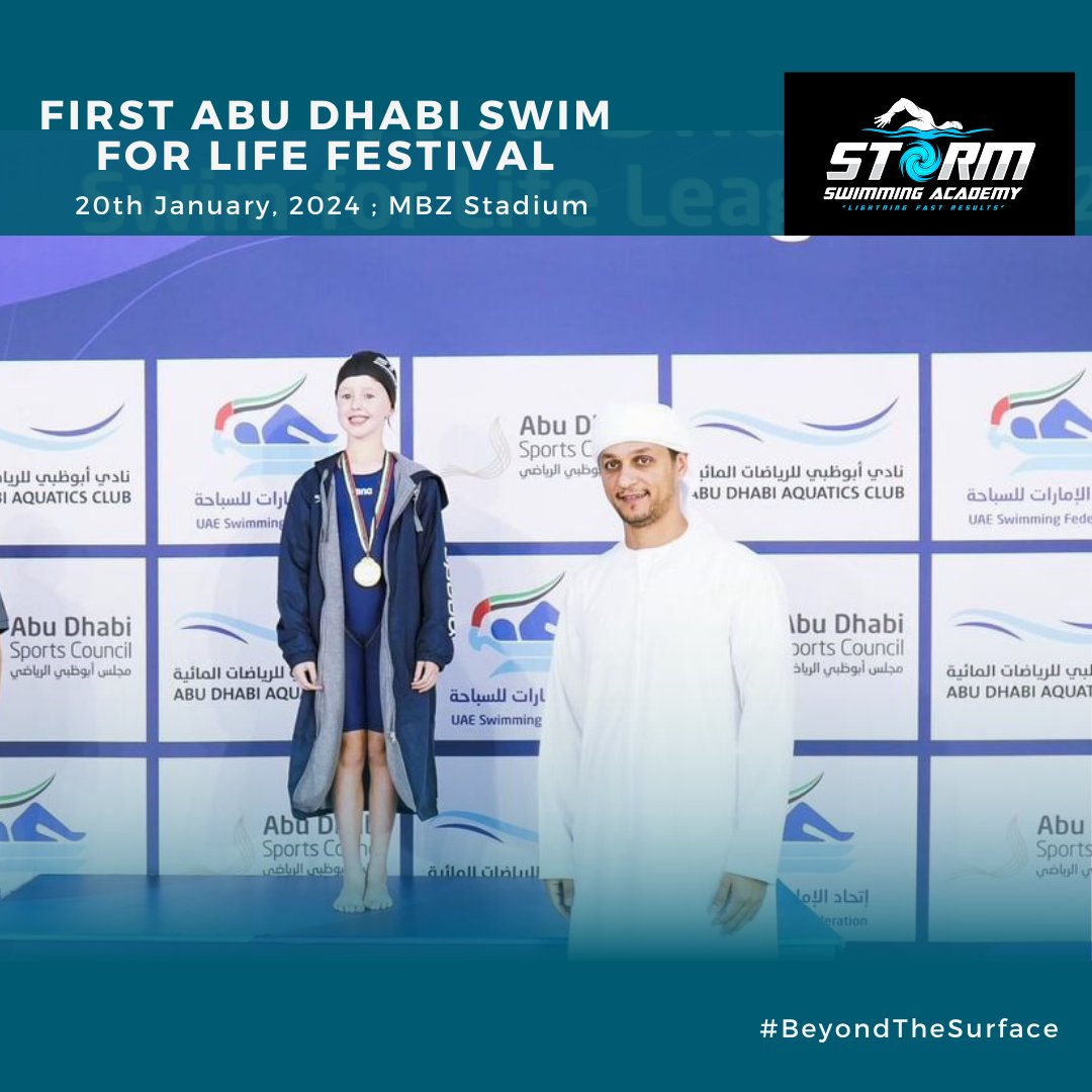 stormacademyUAE's tweet photo. Waves of applause for our young swimmers at the First Abu Dhabi Swim for Life Festival! Their talent and spirit lit up the MBZ Stadium, taking us #BeyondTheSurface.  Each lap and record set is a win for us all, driving us toward a healthier future. Hats off to our champions.🏅🌊 https://t.co/VO4VtsVCav