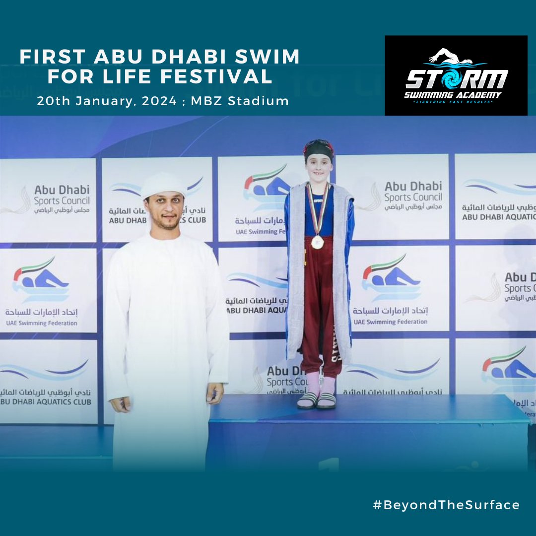 stormacademyUAE's tweet photo. Waves of applause for our young swimmers at the First Abu Dhabi Swim for Life Festival! Their talent and spirit lit up the MBZ Stadium, taking us #BeyondTheSurface.  Each lap and record set is a win for us all, driving us toward a healthier future. Hats off to our champions.🏅🌊 https://t.co/VO4VtsVCav