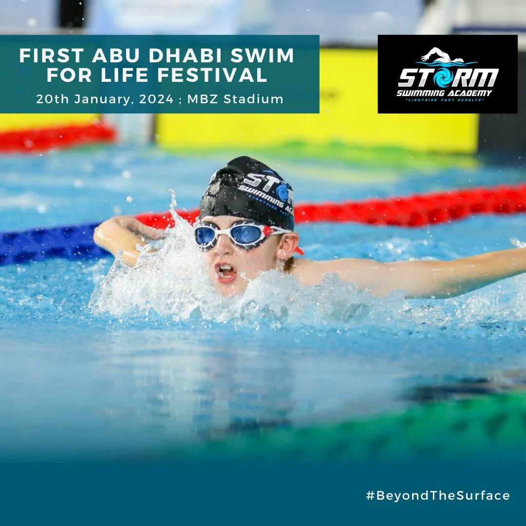 stormacademyUAE's tweet photo. Waves of applause for our young swimmers at the First Abu Dhabi Swim for Life Festival! Their talent and spirit lit up the MBZ Stadium, taking us #BeyondTheSurface.  Each lap and record set is a win for us all, driving us toward a healthier future. Hats off to our champions.🏅🌊 https://t.co/VO4VtsVCav