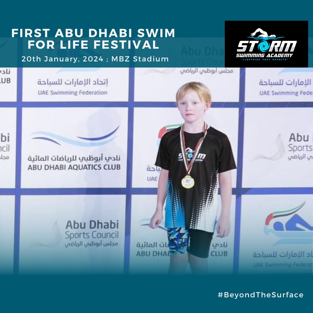 stormacademyUAE's tweet photo. Waves of applause for our young swimmers at the First Abu Dhabi Swim for Life Festival! Their talent and spirit lit up the MBZ Stadium, taking us #BeyondTheSurface.  Each lap and record set is a win for us all, driving us toward a healthier future. Hats off to our champions.🏅🌊 https://t.co/VO4VtsVCav